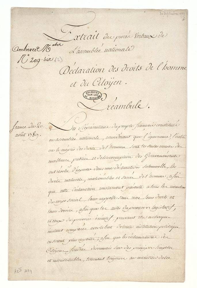 26 août 1789, adoption de La Déclaration des droits de l'homme et du citoyen. August 26, 1789, adoption of the Declaration of the Rights of Man and of the Citizen.