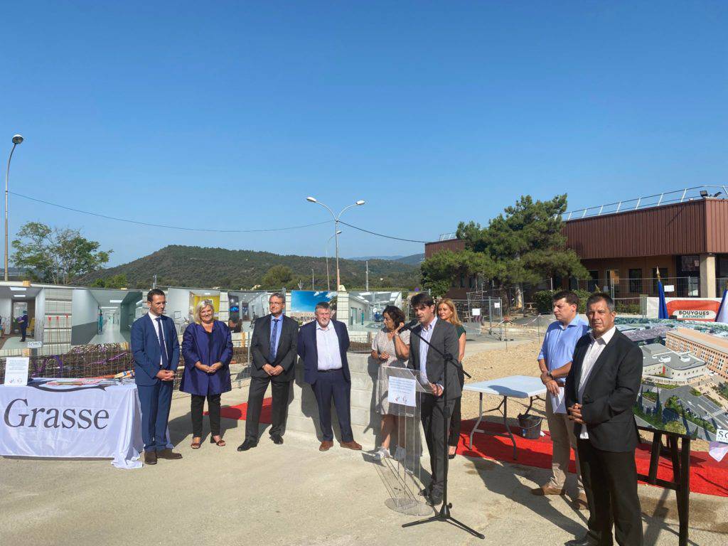 Pose  première pierre ;  travaux de modernisation ; hôpital de Grasse ; Jérôme Viaud ; Michèle Tabarot ; Walid Ben Brahim ; Services des urgences