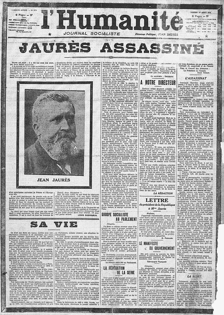 assassinat de Jean Jaurès ; 31 juillet1914 ; café du Croissant ; journal L’Humanité ; Première Guerre mondiale ; Raoul Villain ;