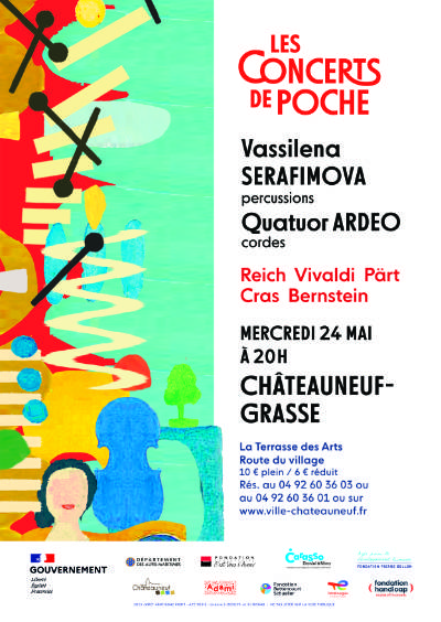 Les concerts de poche ; Marimba et cordes ; Terrasse des Arts ; Châteauneuf Grasse ; Vassilena Serafimova ; quatuor Ardeo ; Carole Petitdemange ; Mi-sa Yang ; Yuko Hara ;Joëlle Martinez.