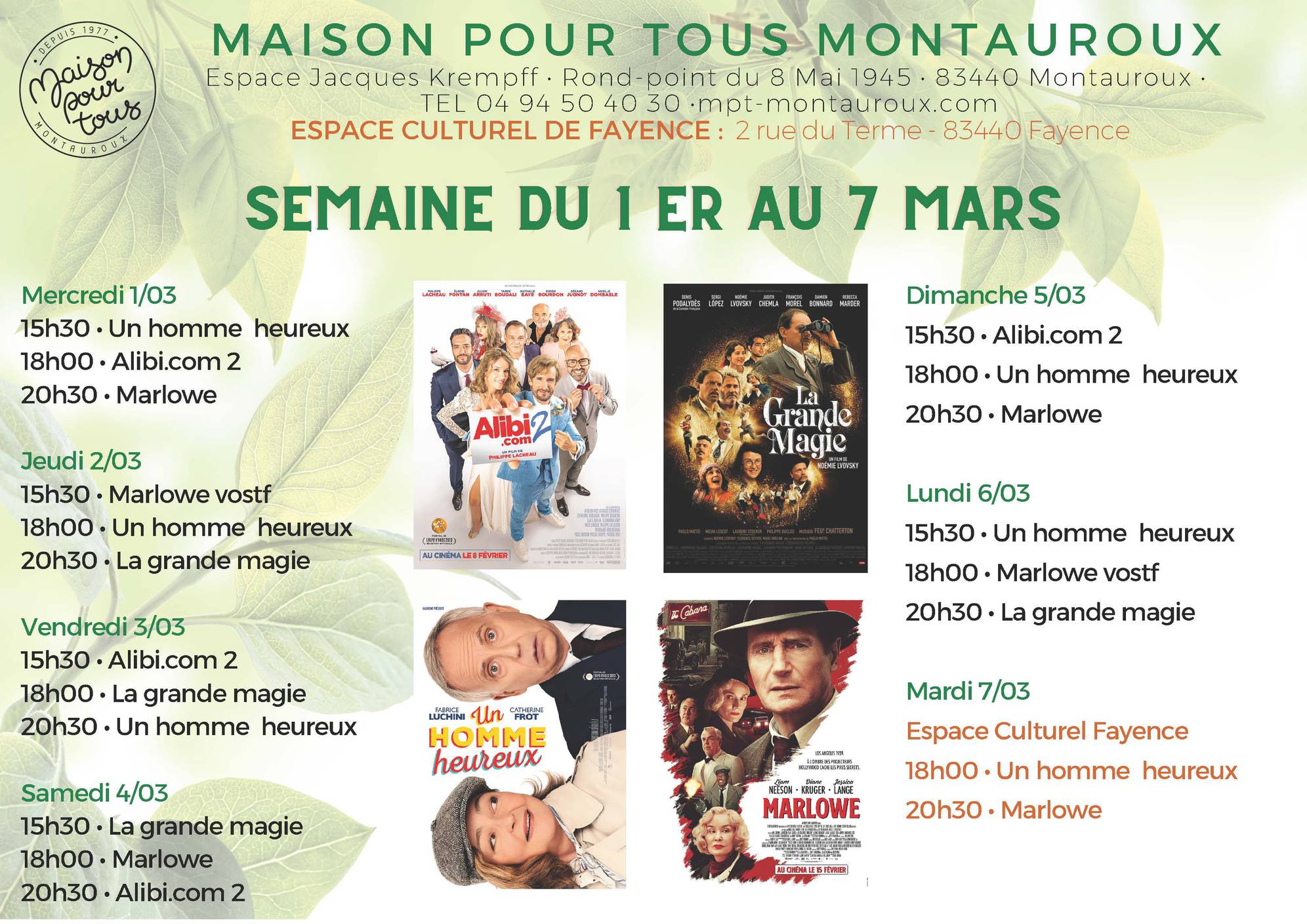 Programme cinéma ;  Montauroux du 30 mars au 5 avril 2022