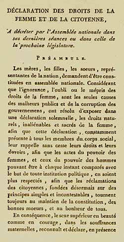 5 septembre 1791, Déclaration des droits de la femme et de la citoyenne;  Olympe de Gouges September 5, 1791, Declaration of the rights of woman and citizen; Olympe de Gouges