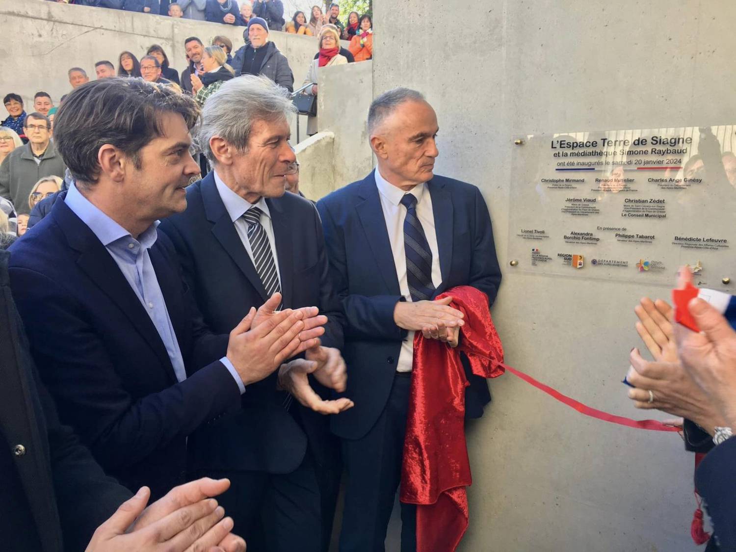 Inauguration de l’espace terre de Siagne Et de la médiathèque Simone Raybaud ; Jérôme Viaud ; Charles-Ange Ginesy ; Christian Zedet ; Bénédicte Lefeuvre ; Alexandra Borchio Fontimp ; Philippe Tabarot ; Jean-Marc Délia ; Renaud Muselier ; Michele Olivier ; Nicolas Grignon ;  Hervé Borel ; Jean-Christophe Demarte