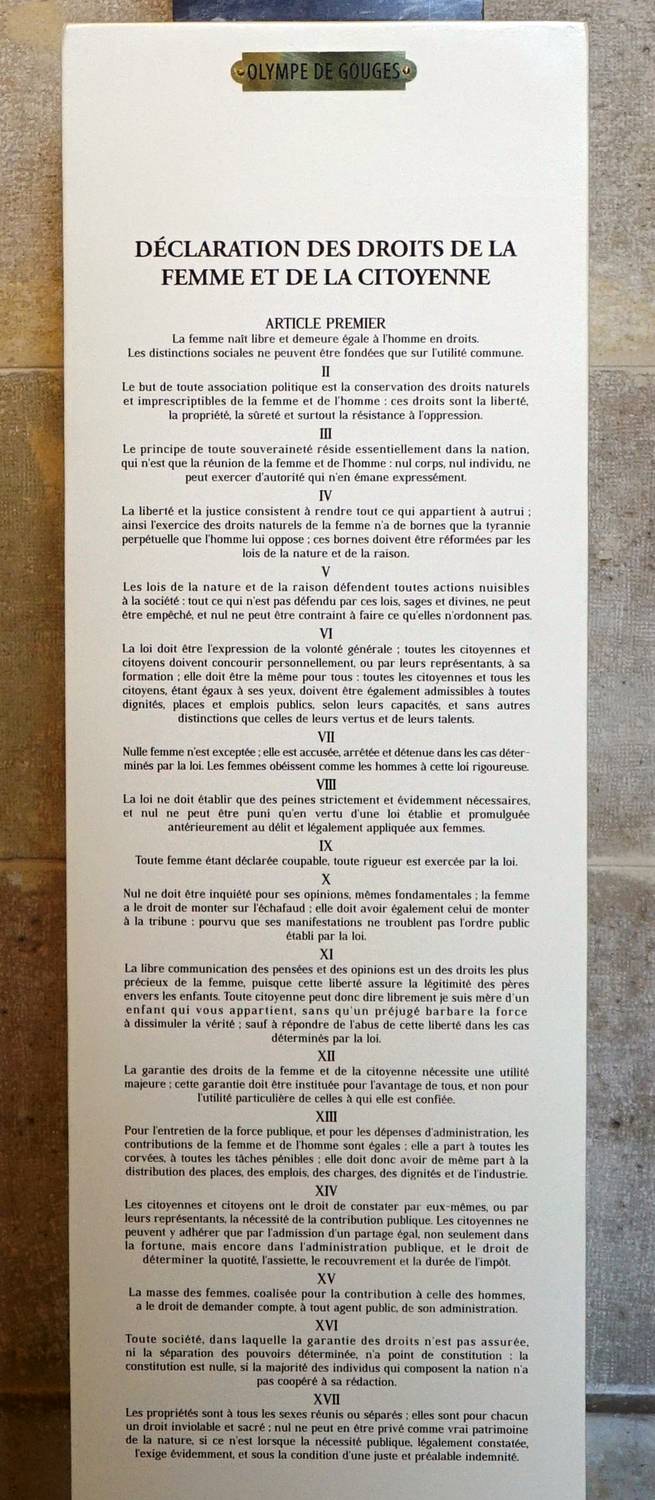 5 septembre 1791, Déclaration des droits de la femme et de la citoyenne;  Olympe de Gouges September 5, 1791, Declaration of the rights of woman and citizen; Olympe de Gouges